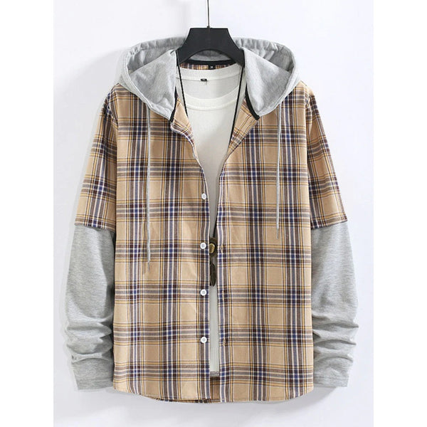 Men's Campus Style Spliced Fake Two Sleeves Plaid Hooded Shirt