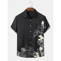 Men's Black Printed Button Short Sleeve Shirt