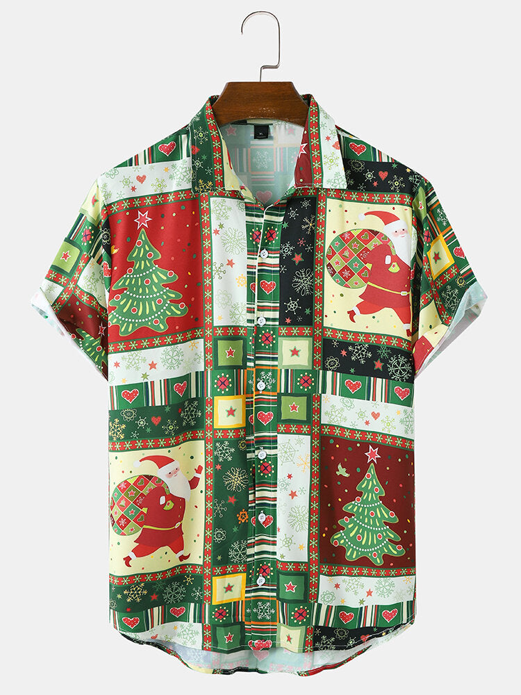 Men's Ethnic Santa Claus Pattern Button Contrast Short Sleeve Casual Shirt