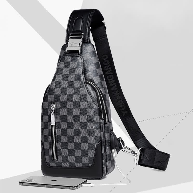 Men's Travel Double Layer PU Leather Light Shoulder Bag Plaid Messenger Backpack