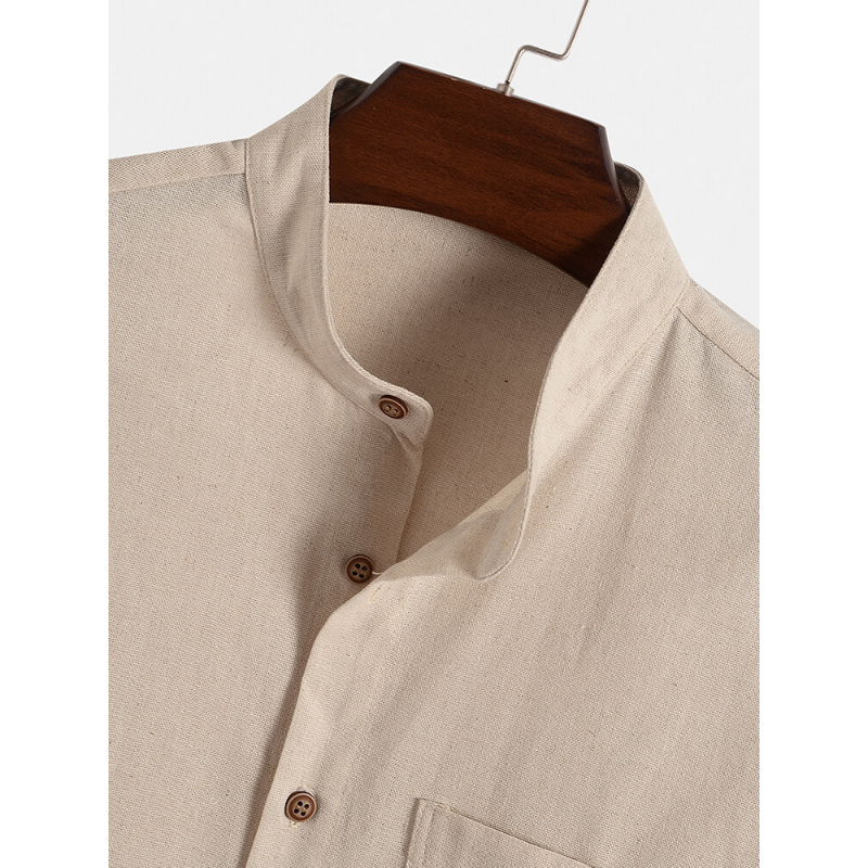 Men's Solid Color Stand Collar Button Vintage Shirt