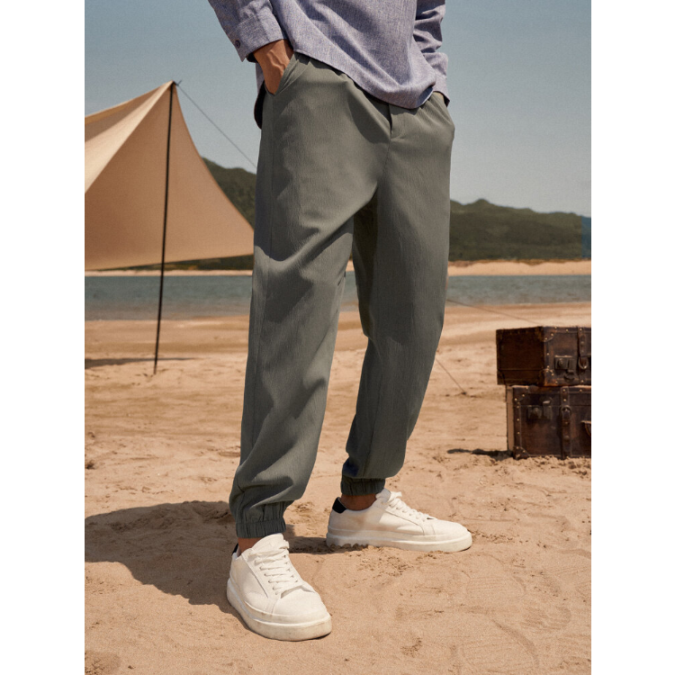 Mens Solid Color Magic Straps Elastic Waist Ankle Length Pants