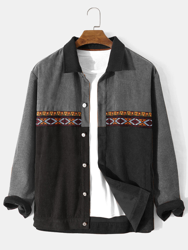 Pocket Ethnic Stitching Button Corduroy Long Sleeve Shirts