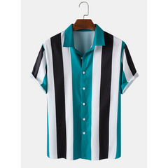 Men's Vintage Vertical Stripe Lapel Short Sleeve Shirt