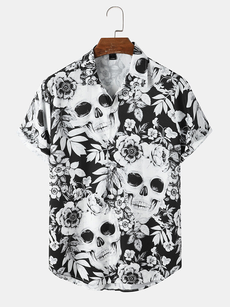 Mens Head Halloween Floral Short Sleeve Shirt