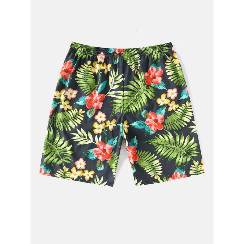 Mens All Over Flower Leaf Print Holiday Drawstring Hawaii Style Shorts