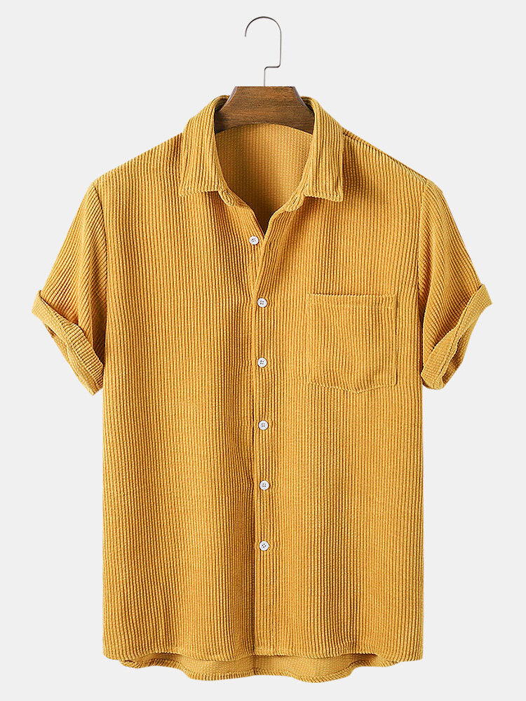 Mens Casual Corduroy Light Breathable Pocket Short Sleeve Shirts