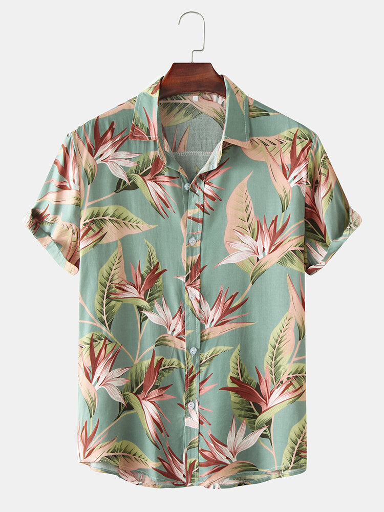 Men Cotton Floral Print Turn Down Collar Hawaii Holiady Short Sleeve Shirts