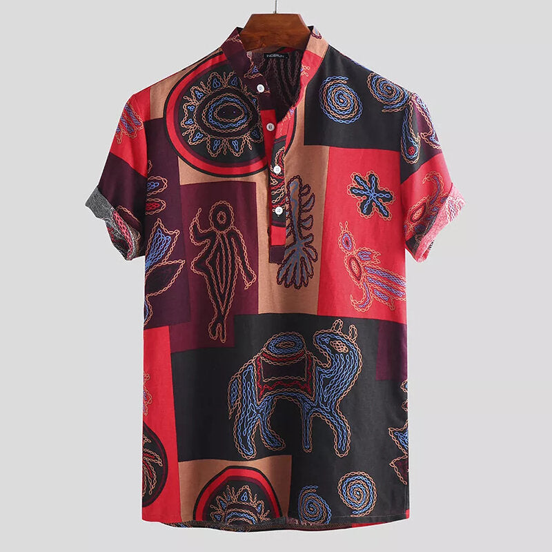 Men's Short Sleeve Blouse Hawaiian Floral Shirts Summer Beach Casual T Shirt Tops