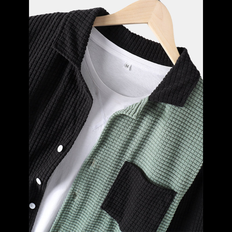 Men's Patchwork Two-tone Cardigan Pocket Long Sleeve Corduroy Lapel Casual Shirt