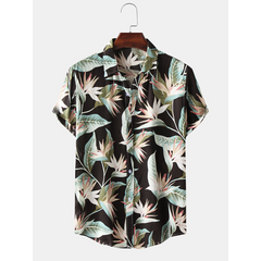 Men Cotton Floral Print Turn Down Collar Hawaii Holiady Short Sleeve Shirts