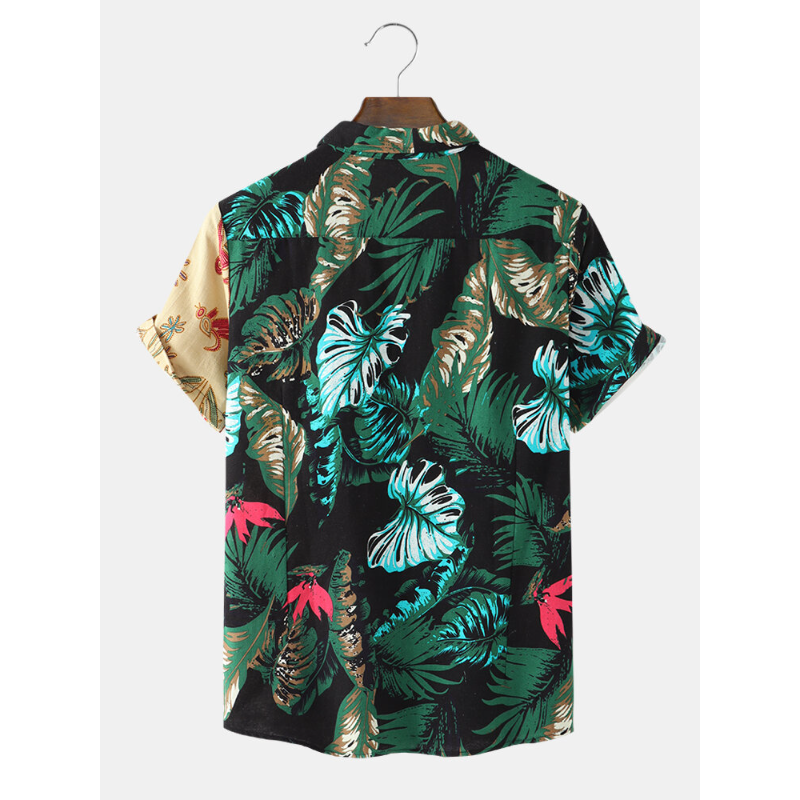 Mens Tropical Plant Patchwork Short Sleeve Casual Shirts