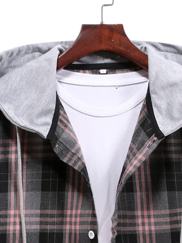 Men's Multi-color Patchwork Plaid Shirt Loose Drawstring Hooded Long-sleeved Shirt