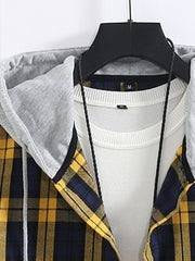 Yellow Plaid Contrast Shirt Casual Buttoned Hooded Long-sleeved Shirt