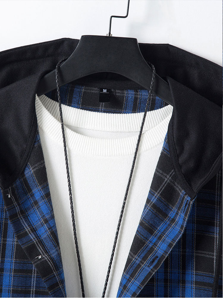 Men's Loose Long Sleeve Top Button Up Shirt Contrast Color Hooded Plaid Shirt