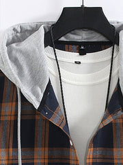 Contrast Color Hooded Long Sleeve Shirt Men's Printed Navy Checkered Shirt