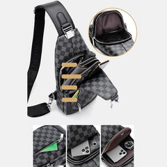 Men's Travel Double Layer PU Leather Light Shoulder Bag Plaid Messenger Backpack