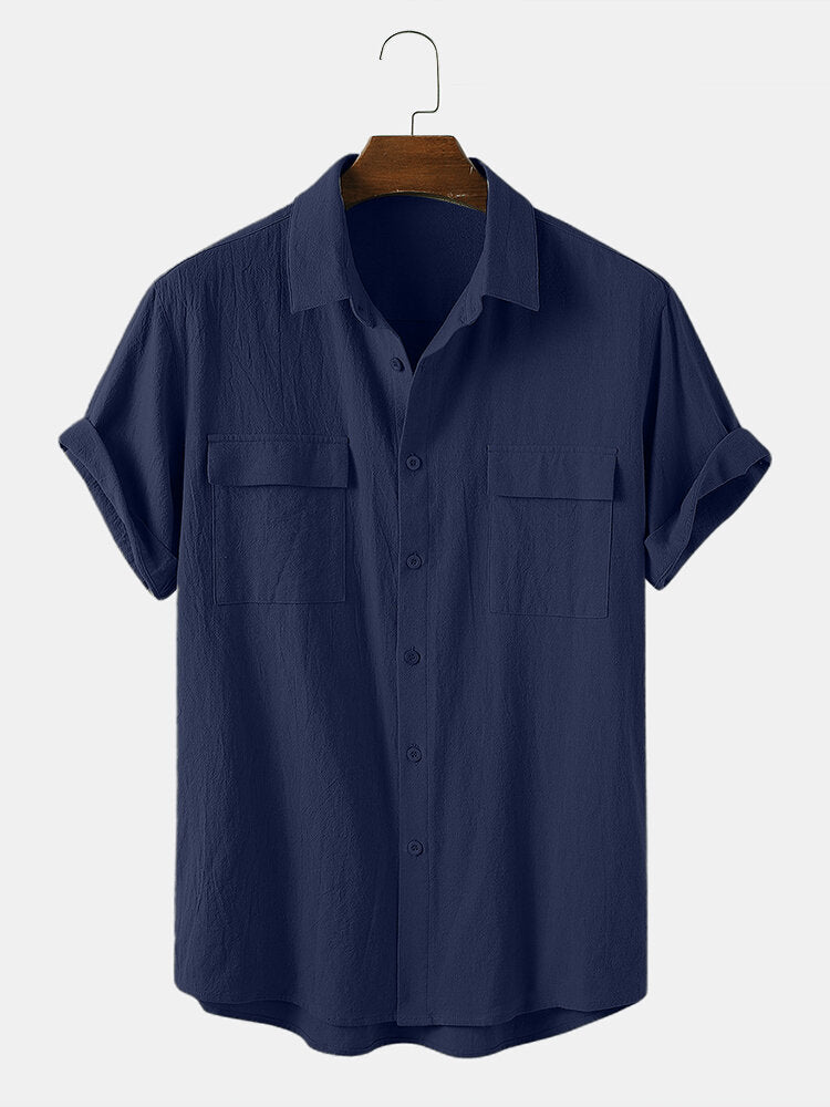 Men's Cotton Solid Color Double Pocket Casual Shirt