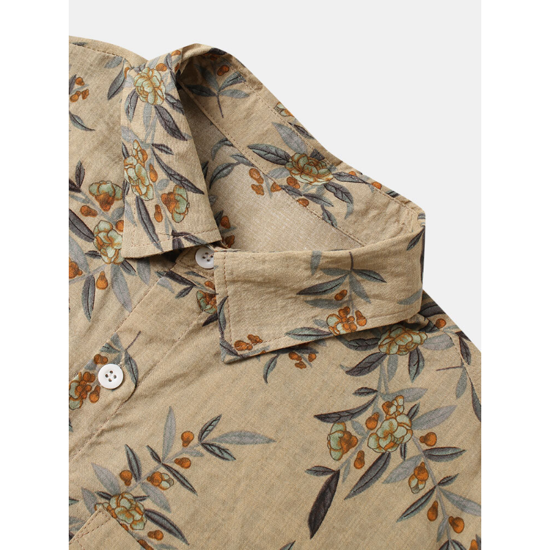 Mens Casual Leaf Print Pocket Shirts