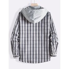 Men's Plaid Drawstring Hooded Lapel Casual Long Sleeve Shirt