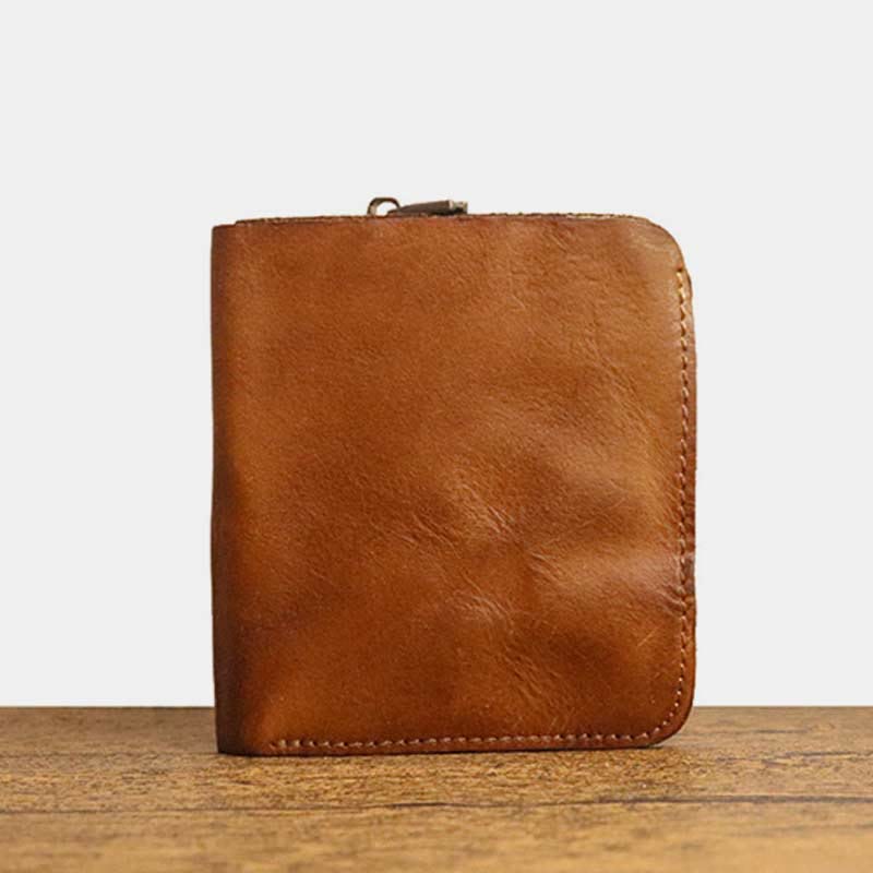 Men's Vintage Crinkled Leather Wallet Bifold Short Zipper Coin Card Holder