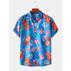 Hawaii Casual Style Floral Print Lapel Collar Short Sleeve Cotton Shirts