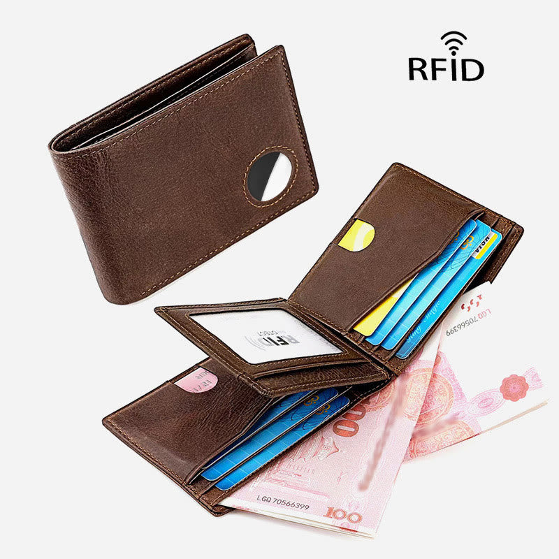 Men's Large Capacity Genuine Leather Airtag Wallet Multi Slot RFID Blocking Card Holder Wallet