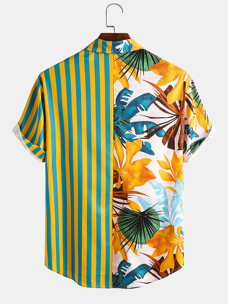 Men Tropical Leaf Colorful Stripe Mixed Print Short Sleeve Casual Shirts