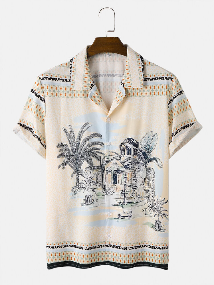 Mens Holiday Landscape Print Short Sleeve Shirts