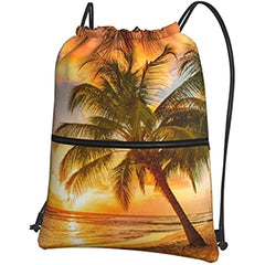 Hawaiian Palm Tree Print Summer Sunset Drawstring Backpack Gym Bag