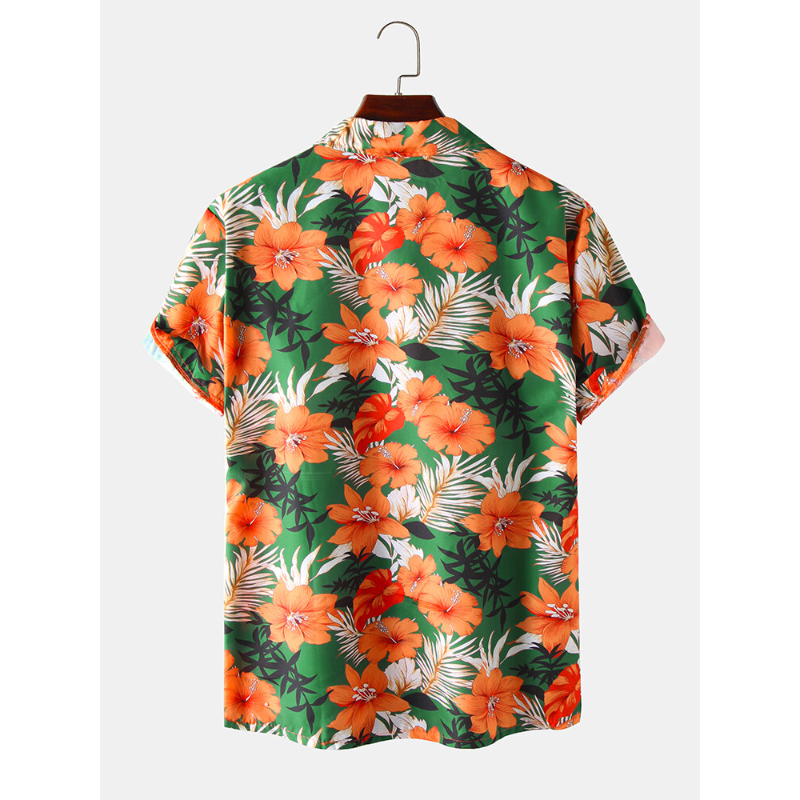 Hawaii Casual Style Floral Print Lapel Collar Short Sleeve Cotton Shirts