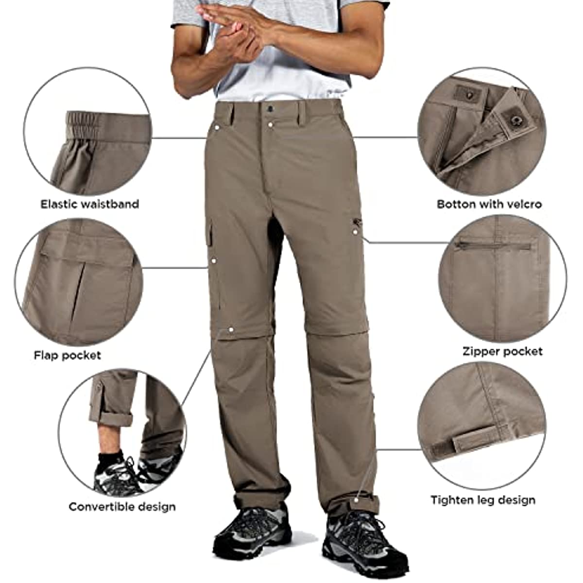 Men's-Convertible-Hiking-Pants Quick Dry Lightweight Zip Off Breathable Cargo Pants for Outdoor, Fishing, Safari