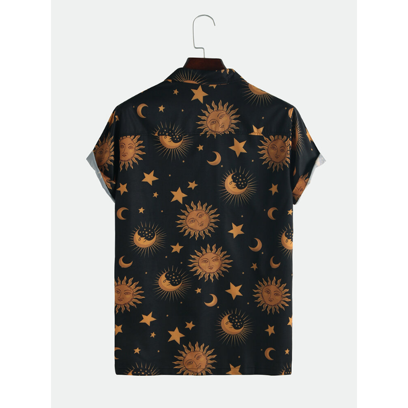 Men Sun Moon Print Short Sleeve Relaxed Shirts