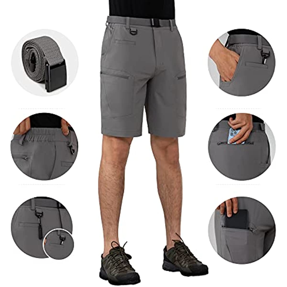 Mens Cargo Hiking Shorts Water Resistant Quick Dry Lightweight Breathable Tactical Shorts with Nylon Belt