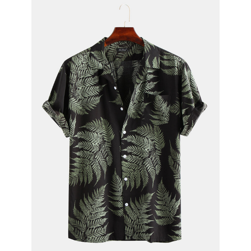 Pine Leaves Print Cotton Short Sleeve Relaxed Shirts