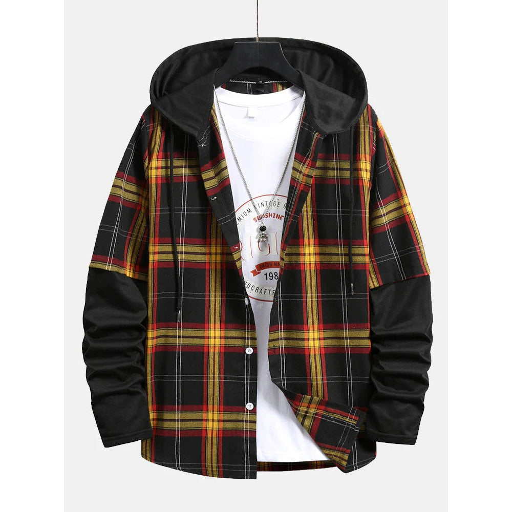 Men's Loose Plaid Long Sleeve Drawstring Patchwork Hooded Shirt