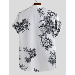 Mens Eastern Culture Porcelain Floral Printed Short Sleeve Casual Shirts