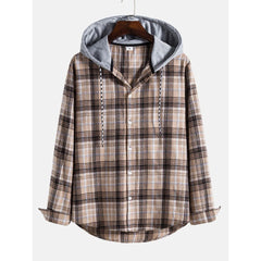 Men's Contrasting Retro Hooded Long-sleeved Shirt Casual Patchwork Button-down Shirt