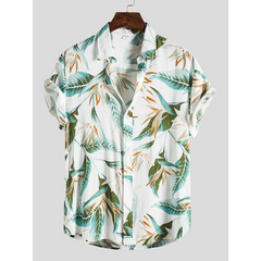 Men Cotton Floral Print Turn Down Collar Hawaii Holiady Short Sleeve Shirts