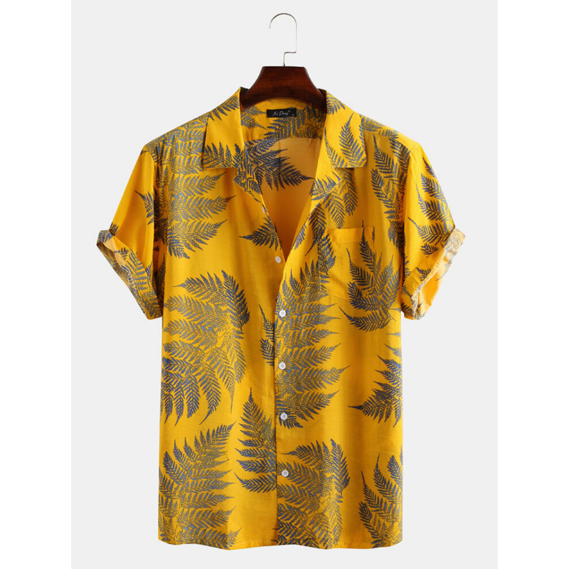 Pine Leaves Print Cotton Short Sleeve Relaxed Shirts