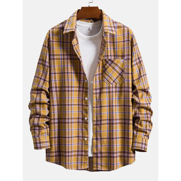 Men's Colorful Plaid Long Sleeve Casual Brushed Button-Down Shirt