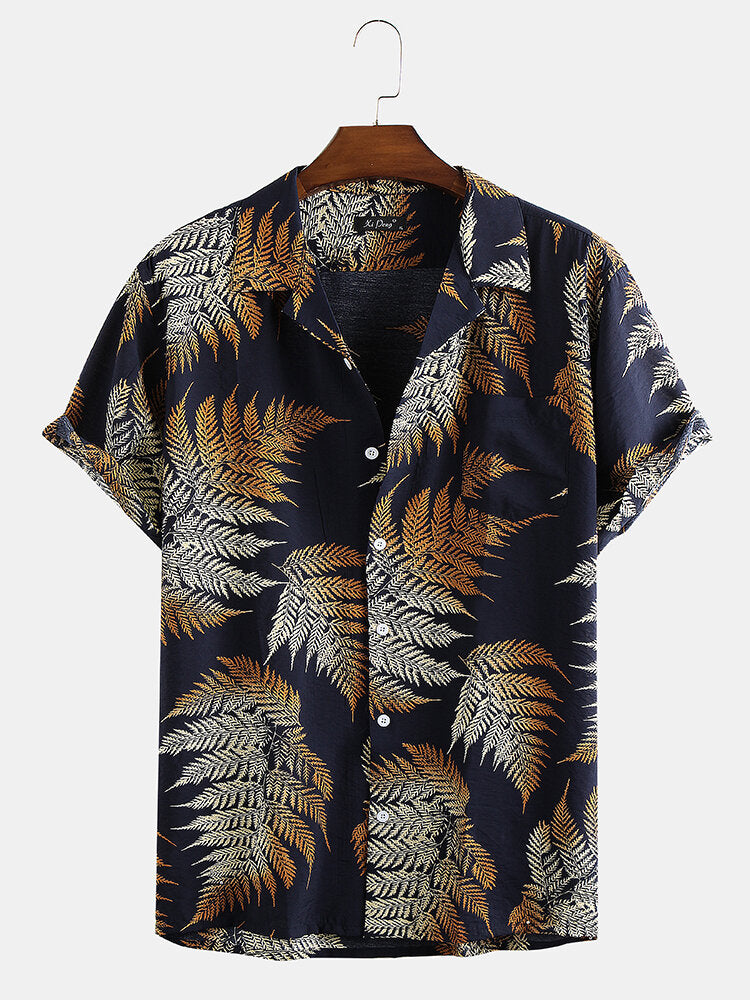 Pine Leaves Print Cotton Short Sleeve Relaxed Shirts