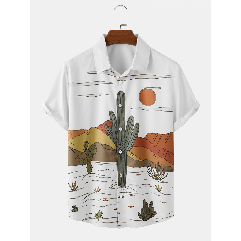 Men Cactus Desert Landscape Print Tropical Plant Short Sleeve Shirts