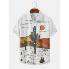 Men Cactus Desert Landscape Print Tropical Plant Short Sleeve Shirts