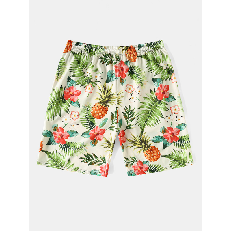 Mens All Over Pineapple Floral Print Holiday Hawaii Style Drawstring Shorts