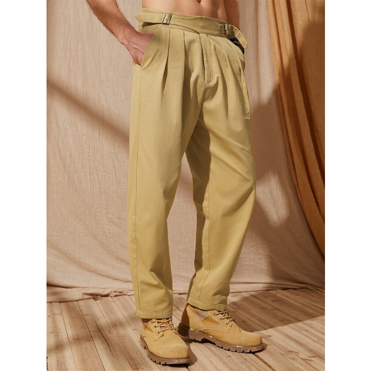 Men Solid Color Belted Buckle Designed Ankle Length Pants