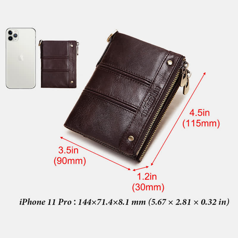 RFID Blocking Anti-theft Chain Bifold Wallet Men's Vintage Double Zipper Leather Wallet