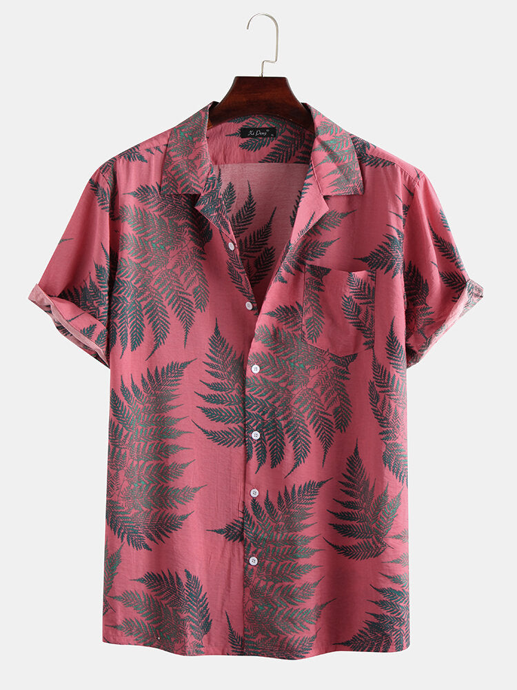 Pine Leaves Print Cotton Short Sleeve Relaxed Shirts