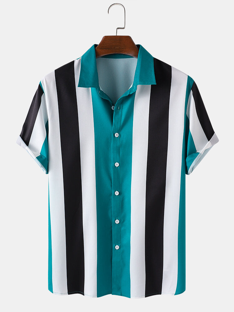 Men's Vintage Vertical Stripe Lapel Short Sleeve Shirt