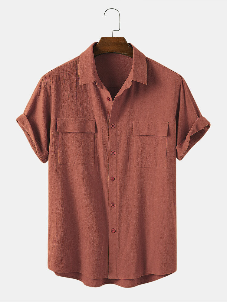 Men's Cotton Solid Color Double Pocket Casual Shirt